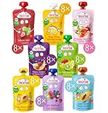 FruchtBar Bio Quetschie Sommer Set groß, acht Fruchtpüree-Sorten im Quetschbeutel für Babys ab 6 Monaten & Kinder, 64x 100g