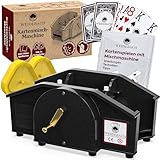 Weidebach® Schwarze Kartenmischmaschine mit Goldener Kurbel für alle Standard Kartenspiele, Kartenmischer mit 2X Kartenspielen & Ersatzkurbel, Karten Mischgerät mit Buch für lustige Spieleabende