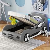 FEZTOY Autobett Kinderbett 90 x 200cm mit Lattenrost und Stauraum, Kinder Spielbett, Aufregendes Auto Kinderbett für kleine Rennfahrer, Flachbett,ohne Matratze Grau