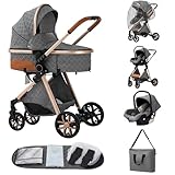 ALYIKOU kinderwagen,kinderwagen 3 in 1 komplettset bis 25 kg，Kombikinderwagen reisesysteme，Zusammenklappen, Liegeposition, schwarz (LV9 Grau)