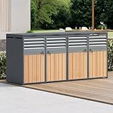 ACAGALA Mülltonnenbox 4er Tonnen, Mülltonnenhaus mit Automatikdecke & Abschließbar, Belüftungslöcher, Mülltonnenverkleidung aus Stahl, Müllbox Wetterfest, Grau, Holzoptik