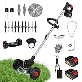 CONENTOOL 600W Akku Rasentrimmer Mit 2X 2000Ah Akku 21V Rasenkantenschneider Mit 4 Arten Von Schneidklingen, 8500rpm/min Freischneider Mit Hilfsgleitrad, Teleskopstab Motorsense (Schwarz)