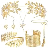 NAVESO 6 Stück Griechische Göttin Kostüm Schmuck Set, Goldenes Lorbeerblatt Krone Tiara, Oberarm Spiralarmband Haarschmuck Ohrringe Toga Taillengürtel Zubehör Schmuckset Party Hochzeit