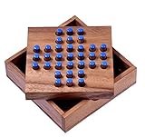 Solitär Gr. S - Solitaire - Steckspiel - Denkspiel - Knobelspiel - Geduldspiel - Logikspiel aus Holz - Blaue Stecker