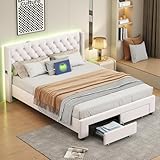 Callicarpa Polsterbett 140x190cm Doppelbett mit 4 Schubladen, Kunstlederbett mit LED-Beleuchtung, verstellbares Kopfteil, Lattenrost, Weiß