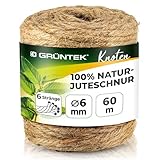 GRÜNTEK Garten Juteschnur 6 mm Dicke, Bindegarn, Gartenschnur, Bastelschnur Kordel Rolle mit 60 m, 100% Jutegarn Naturfarbe, zum Geschenke verpacken, Pflanzen binden, Basteln, Handwerken