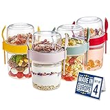 CRYSTALIA Müslibecher to Go mit Löffel & Gabel Set 4, 100 % BPA-FREI Joghurt Becher to Go mit Deckel, Porridge to Go, Obstbehälter, Salatbecher Yoghurt to Go zum Frühstück, Cereal On the Go Muslidosen