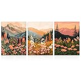 Dazzlewall 3 Stück Boho Berg Blumen Wandbilder, Abstrakte Blumenlandschaft Bilder, Gänseblümchen und Wildblumen Gemälde für Schlafzimmer Wohnzimmer Deko 12x16 Zoll Ungerahmt