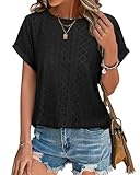 Bodhi talk Tops für Damen: Damen Blusen Kurzarm Sommer Elegant - Sommer Locker Lässige Kurzärmeliges Oberteil - Einfarbig Rundhalsausschnitt Hollowed-Out Strickoberteil