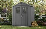 Keter Darwin Gartenhaus 6x4, wetterfest aus Kunststoff mit Holzoptik, abschließbares Gerätehaus, Satteldach, 190x122x221 cm, grau