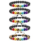 LABOTA 5 Stück Chakra Armband Echte Steine, Lava Stein Armbänder, 7 Farben Chakra Perlen Tigerauge Natürlich Heilstein Verstellbare Öl Diffusor Armbänder Unisex