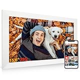 Digitaler Bilderrahmen 15,6 Zoll, 2K FHD IPS Elektronischer Fotorahmen Groß Touchscreen WLAN. 20.000 Fotos(32GB) Frameo Digital Photo Frame, Teilen von Bildern/Musik/Videos, Weiß
