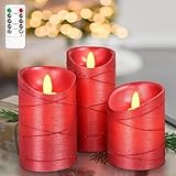 Holitown Rote flammenlose Kerzen – Set mit 3 flackernden Echtwachskerzen mit Fernbedienung für romantische Nächte, Hochzeitsdekoration, Tischdekoration und rote Badezimmer-Dekoration