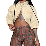 OHERUWKLS Damenmode Sexy Streetwear Kurzarm Hohle Spitze Y2k Revers Kurze Jacke,Gelb,L