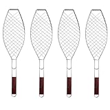 4 x Fisch-Grillhalter Edelstahl groß mit Holzgriff VonBueren | 62,5 x 15,5 cm | Fischgrillgitter | Fischzange zum Grillen | Fischgriller | Grillkorb