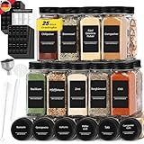 Gewürzgläser Eckig 25 Stk. Set, 120ml Schwarz Deckel Gewürzdosen, Spice Jars mit 512 Gewürzetiketten, Gewürzgläser mit Streueinsatz, Gewürzbehälter mit Stift & Trichter & Bürste, Schwarze Etikett