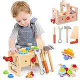 Werkzeugkoffer Kinder Werkzeug Holzspielzeug, 29 Stück Werkbank Kinderwerkzeug Set mit Holzwerkzeug und Werkzeugkasten, Motorikspielzeug ab 2 3 4 5 Jahre Jungen Mädchen, Geburtztag Geschenk