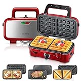 Sandwichmaker 3 in 1, 1200W Waffeleisen/Kontaktgrill/Sandwichtoaster, 5-Gang-Temperaturregelung, Antihaftbeschichter Plattensets, Wärmeisoliertem Griff, Spülmaschinengeeignet, LED-Leuchten, Rot