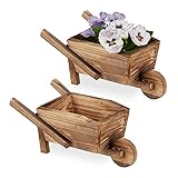 Relaxdays Pflanzschubkarre 2er Set, gebranntes Holz, Gartendeko, Vintage Design, zum Bepflanzen, HBT: 10x22x12 cm, Natur