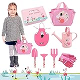 Hortem Kinder-Gartengeräte-Set, 7-teiliges Metall-Kinder-Gartenset mit Handwerkzeug, Gartentasche, Kinder-Gartenhandschuhe, Kinderschürze, Gartengeschenke für Kinder