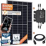 Balkonkraftwerk 830 W / 600 W Solaranlage Steckerfertig Upgradebar auf 800 Watt WiFi Smarte Mini-PV Photovoltaik Anlage genehmigungsfrei, Schwarz (BKW-830/600_800)