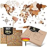 WOW WOOD® Premium Wanddeko 3D Weltkarte Holz in Deutsch mit Pins | Werkzeuglose Wandmontage | Eine Geschenkidee für jede Gelegenheit | Wanddeko Holz für Wohn- und Büro Deko | Holzfarbe M(120x62cm)