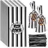 120 Stück Popcorntüten, 27 × 13 cm Popcorn Tüten Klein, Schwarz & Weiß Gestreiften, Popcorn Bags mit 200 Bindebaender, Süßigkeiten Tüten, Zellophantüten für Filmabend, Familienfeier, Geburtstag