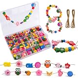 SUNRIZ Holzperlen zum Auffädeln 433 Stück, Bunt Perlen zum Auffädeln Kinder, Blumen und Tiere Holzperlen mit Schnur, für DIY Armbänder Bastelset Schmuckherstellung