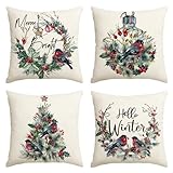 Artoid Mode Baum Vögel Holly Kiefernzapfen Weihnachten Kissenbezüge 4er Set, 45x45cm Hallo Winter Zierkissenbezug Couch Wohnzimmer Deko