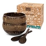 Jungle Culture® Kokosnuss Schalen 2er Set mit Holzlöffeln & Strohhalm • 100% Natürlich & Vegan Plastikfreie Alternative • Handgefertigt mit Kokosöl Poliert • Kokosschalen Schüssel Set • Coconut Bowls