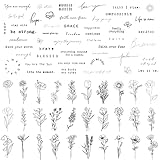 Esland Realistische Temporäre Tattoos 60 Blatt Winzige Kleine Abnehmbare , 30 Stück Inspirierende Zitate Worte, 30 Stück Wilde Blumen Ink Line Botanische Blumenblätter Tattoo Aufkleber