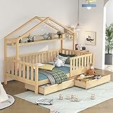 FEZTOY Hausbett 90x200 Mit Rausfallschutz, Kinderbett mit Lattenrost - Kinder Bett für Kinderzimmer - Gemütlich Baumhausbett Mädchen, ohne Matratze (Natur Kinderbett)