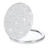YQQYG Taschenspiegel Klappbar, Kleiner Geldbörsenspiegel Kompaktspiegel, Reise-Make-up-Spiegel, Silberner Glitzer Runder Spiegel, Doppelseitiger klappbarer Handspiegel, Kosmetikspiegel
