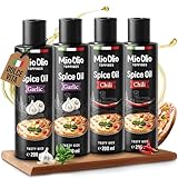 MioOlio Gewürzöl Set – 2×200 ml Knoblauchöl & 2×200 ml Chiliöl – aromatisiertes Öl zum Kochen, Braten & Verfeinern – praktischer Dosierer – für Pasta, Pizza, Fleisch, Fisch & Gemüse