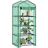 AMHANCIBLE Gewächshaus, Foliengewächshaus mit 4 Regale, 69x49x158cm, Tomatengewächshaus mit PE Folie und aufrollbare Tür, für Balkon Terrasse Garten, stabil, platzsparend, Grün EGWH04GR