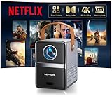 Mini Beamer 4K [Netflix Official|Dolby Audio] Smart Beamer Klein with WiFi6 2-Wege Bluetooth Full HD 1080P Elektrischer Fokus Auto Vertikale Trapezkorrektur Kurzdistanz Projektor Integrierte Apps