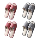 Teceyfeet Unisex Hotelslipper Set, 4 Paar Waschbar Badepantoletten Gästehausschuhe Rutschfeste Hausschuhe offener Zeh Pantoffeln aus Baumwolle und Leinen