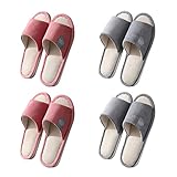 Teceyfeet Unisex Hotelslipper Set, 4 Paar Waschbar Badepantoletten Gästehausschuhe Rutschfeste Hausschuhe offener Zeh Pantoffeln aus Baumwolle und Leinen