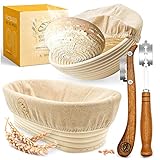 KRUSTENZAUBER Gärkorb zum Brotbacken + Bäckermesser - Set aus 2x Gärkörbchen u. 2x Teigmesser - Brot Backen Zubehör, Brotkorb, Brotbackform, Sauerteig Startet Set, Teigschneider, Gärfolie Brot, Rattan