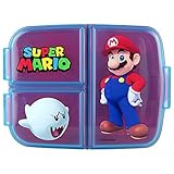 p:os Super Mario Brotdose für Kinder mit 3 Fächern, Lunchbox aus Kunststoff mit Clip-Verschlüssen, Vesperdose für Kindergarten, Schule und Freizeit, Mehrfarbig