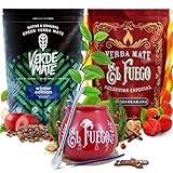 Winter Mate Tee set Verde Mate und El Fuego mit Zubehör | Anregende und wärmende Mate Tee | Calabash, bombilla und Zubehör | Original Mate Tee | Natürliches Koffein | 2x500g | 1kg