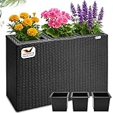 Casaria® Blumenkasten 3 Innentöpfe Polyrattan Herausnehmbar Wasserablauf Outdoor Rechteckig Pflanzkasten Blumentopf Hochbeet Pflanzkübel Schwarz