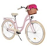 MILORD Damenfahrrad Citybike Komfort Mit Weidenkorb Vintage Fahrrad, 26, 28 Zoll, 1-Gang (Rosa-Creme, 26 Zoll)