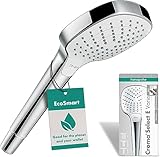 hansgrohe Croma Select E - wassersparender Duschkopf 9 l/min (EcoSmart), Handbrause mit 3 Strahlarten, eckige Duschbrause (110 x 110 mm), Sparduschkopf mit Antikalk-Funktion, Weiß/Chrom