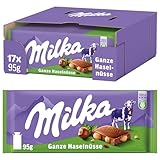Milka Alpenmilch-Schokoladentafel mit ganzen Haselnüssen – Tafelschokolade mit knackigen Nüssen – 17 x 95g