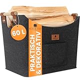 BLACK OAK Montana XL 60L Filzkorb & Holzkorb für Kaminholz - Leder Applikation + rutschfeste Griffe + Fronttasche extra groß - Filz Tasche Korb für Holz faltbar Transport & Aufbewahrung dunkelgrau