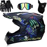 Yusat MTB Helm Motocross Helm Professional Kinder Jugend Erwachsene, Fullface Helm mit Goggles Handschuhe Gesichtsschutz Motocross Dirt Bike Off Road Motorrad (S)