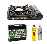 RSonic tragbarer Gaskocher mit Tragekoffer | Slim Edition | Turbo Leistung 2.75 kW | Campingkocher, Tischkocher | Schwarz | (Gaskocher + 1 Stück Gaskartusche)