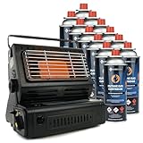 Eurocatch Gasheizung - Inkl. 12 Gaskartuschen - Campingheizung - Heizung - Heizgerät - Terrassenheizung - Verstellbar - Tragbar - Heizstrahler - Brenner für Heizen, Kochen