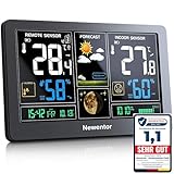 Newentor Wetterstation Funk mit Außensensor - Funkwetterstation mit Wettervorhersage, Temperaturwarnung, DCF Funkuhr - Batteriebetrieb und Netzbetrieb, Schwarz